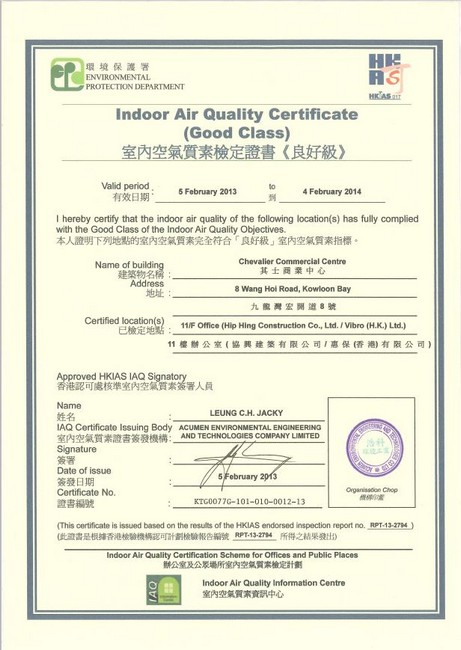 Indoor Air Quality Certificate (Good Class)